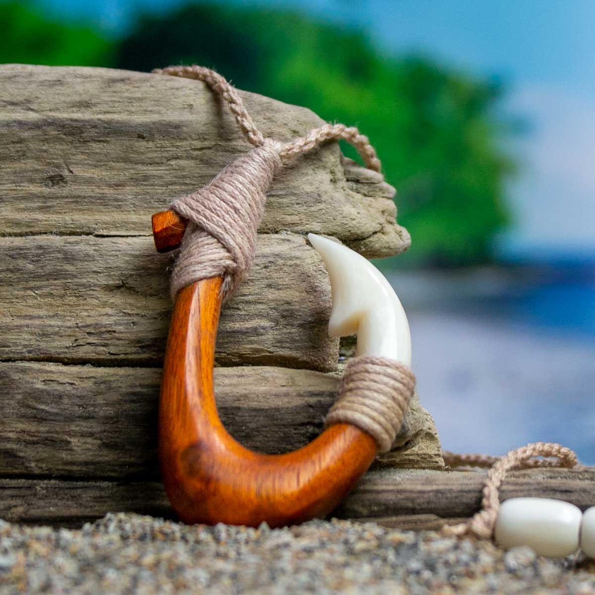 Fish Hook Necklace (Red Wood) - Hand Carved Necklace - from Bali Necklaces
