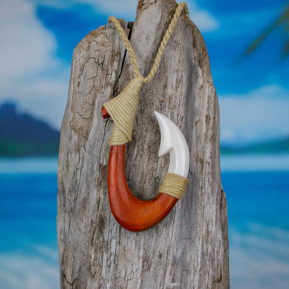 Wooden Fish Hook Necklace, Hand Carved Fish Hook Pendant 